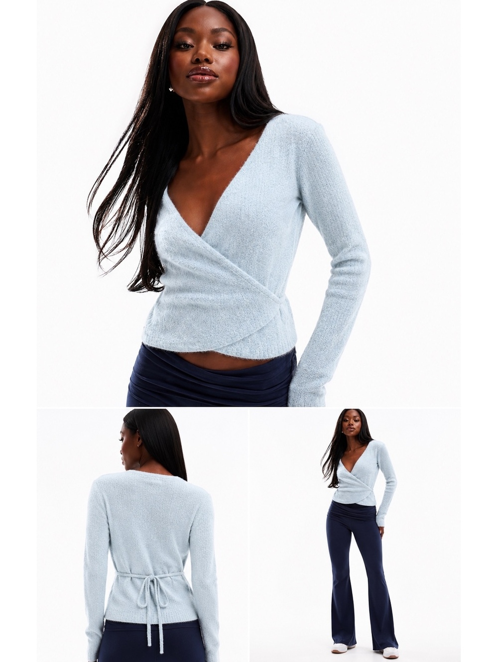 Vintage Moda International Light Blue Wrap Sweater with Tie Waist Size S